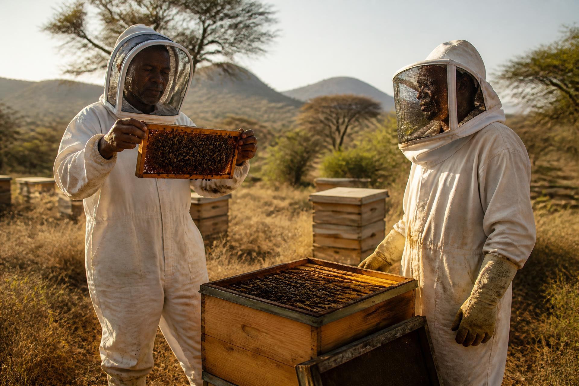 Beekeepers of the Molote Bee Farming Project inspecting a hive frame at golden hour